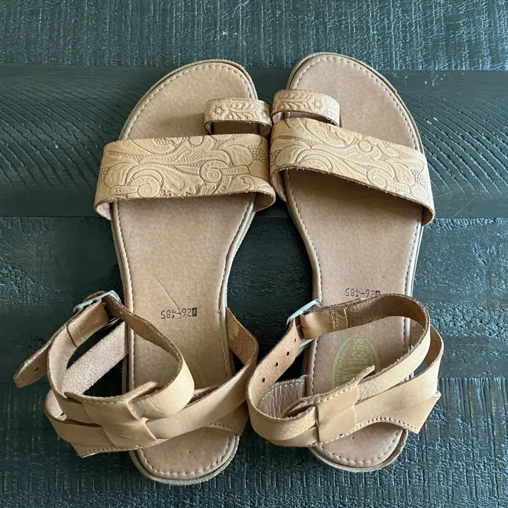 Handmade Mexican Leather Sandals Approx Size 9.5 Tan Embossed Boho Ankle Strap